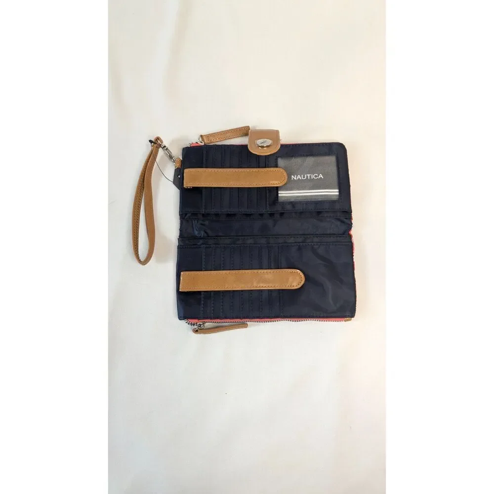 Nautica double zip wristlet nylon pleated orange red floral tan trim silver NWT